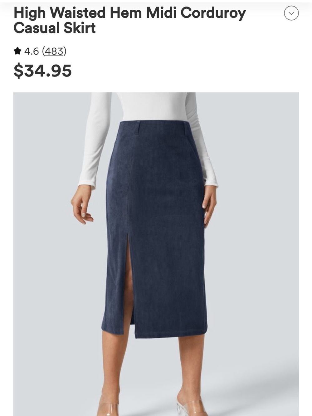 High-Waisted Navy Corduroy Midi Skirt with Front Slit